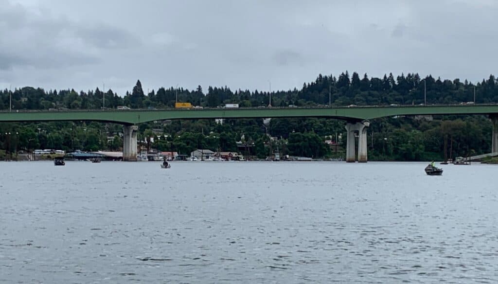 Boaters are fishing for spring Chinook salmon near the I-205 bridge in the Oregon City and West Linn area.
