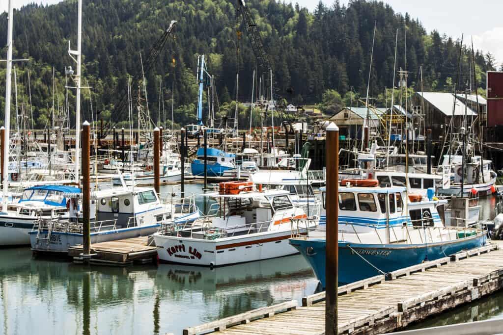 Boats docked at Garibaldi on Tillamook Bay in northwest Oregon.