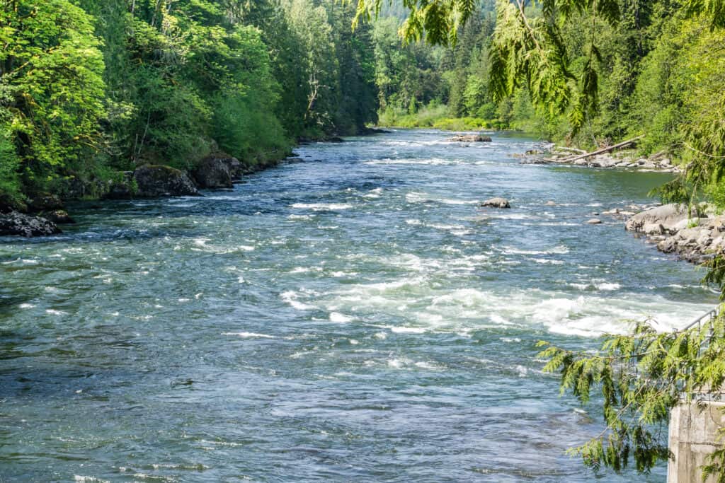 A scenic view of fast water in Snoqualmie River.