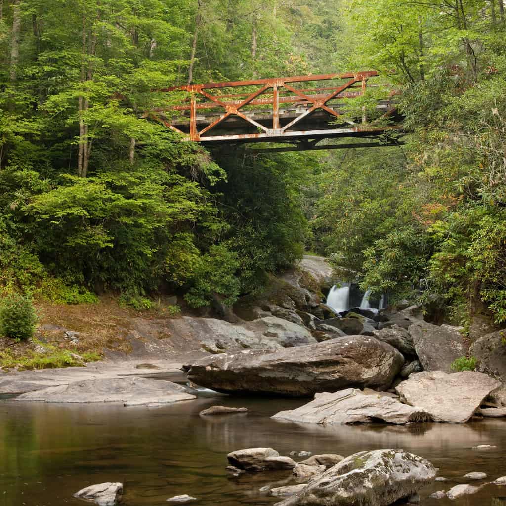 A scenic bridge crosses over Nantahala River, one of North Carolina's best trout fishing streams.
