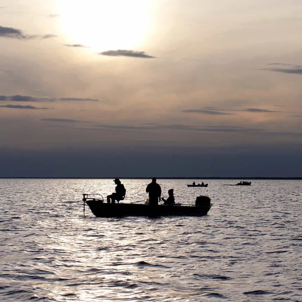 Silhouette of anglers in a boat fishing on a lake at sundown.